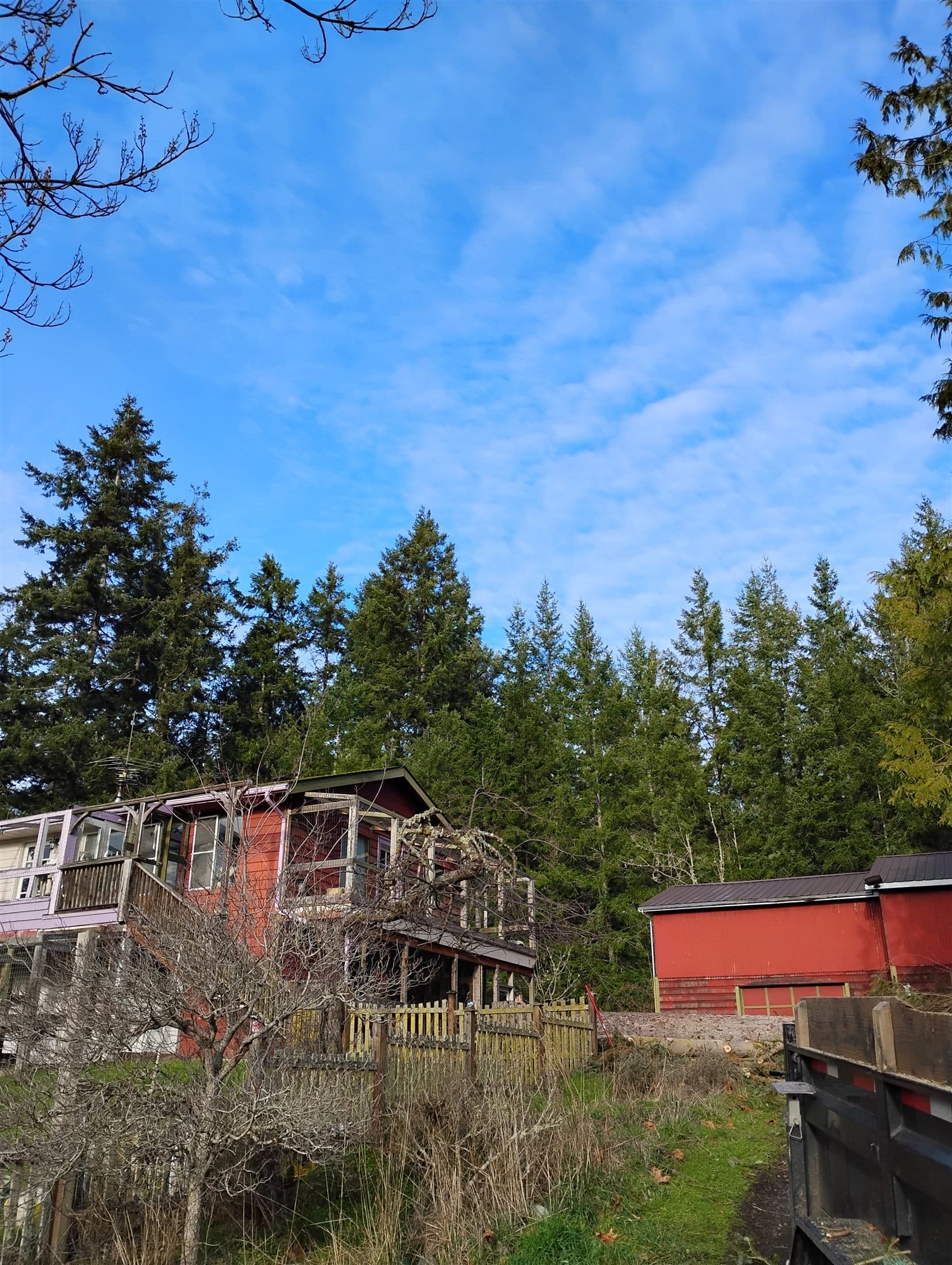 The same red farmhouse with open sky where the leaning fir stood