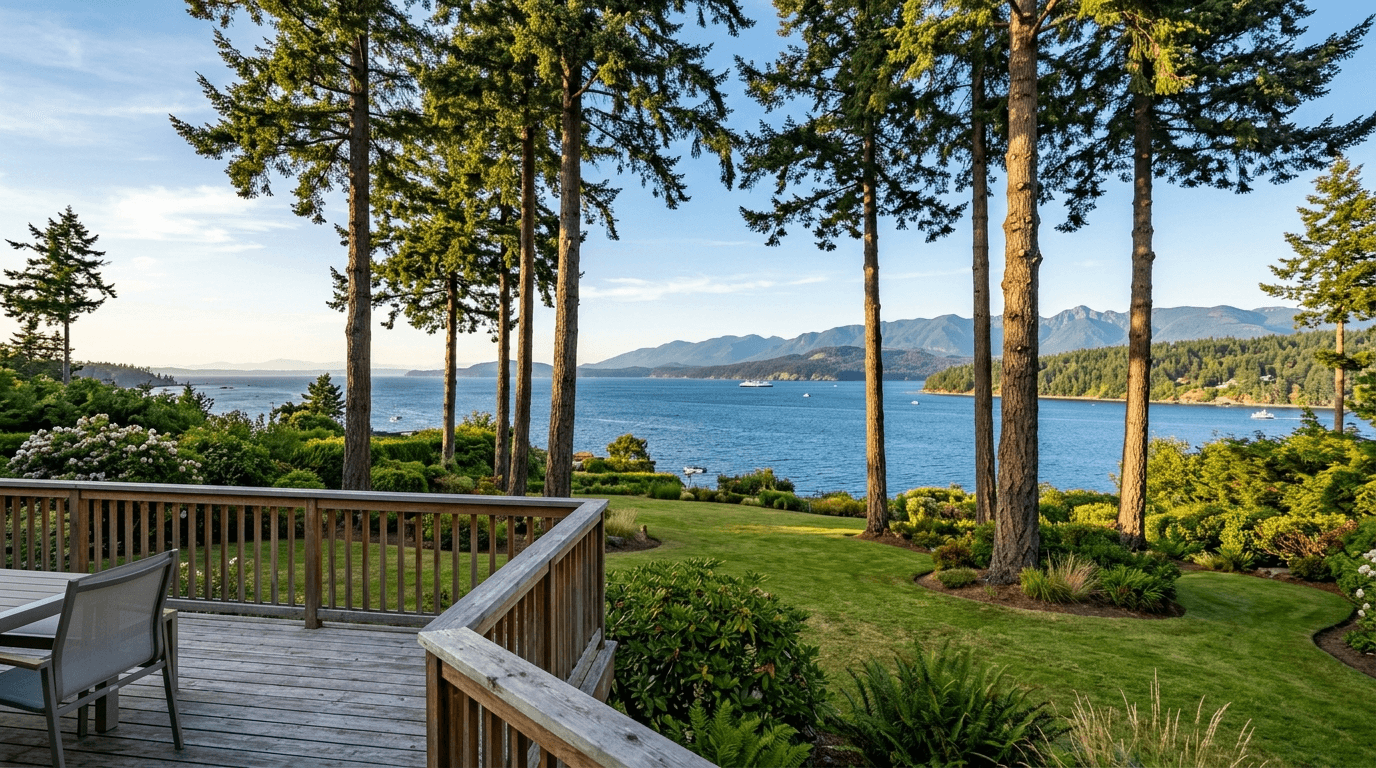 Backyard on a bluff with limbed firs framing an open view of the Strait of Juan de Fuca