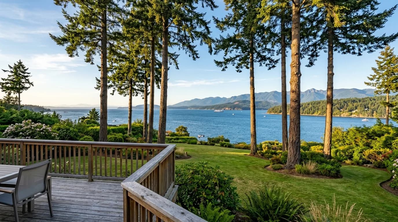 Backyard on a bluff with limbed firs framing an open view of the Strait of Juan de Fuca