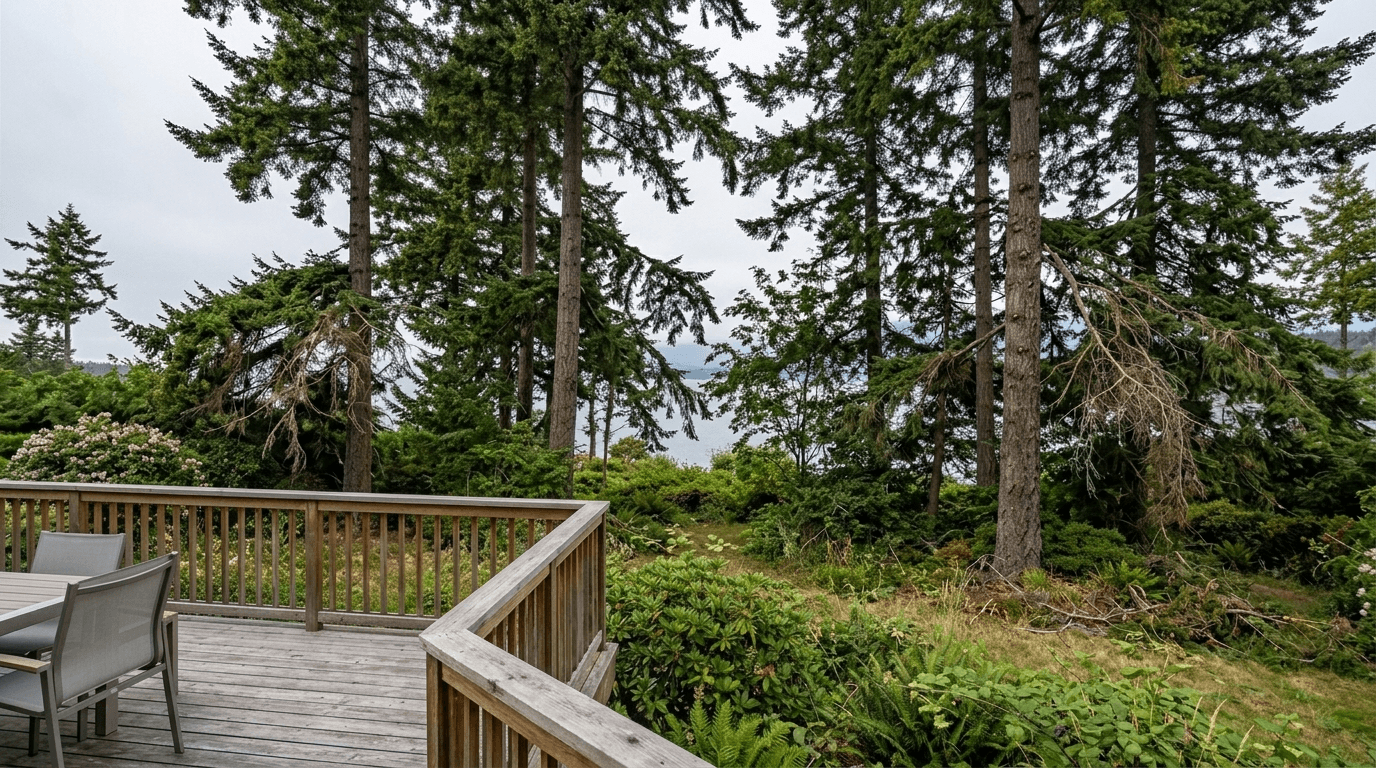 The same bluff yard before pruning, view of the Strait blocked by full fir crowns