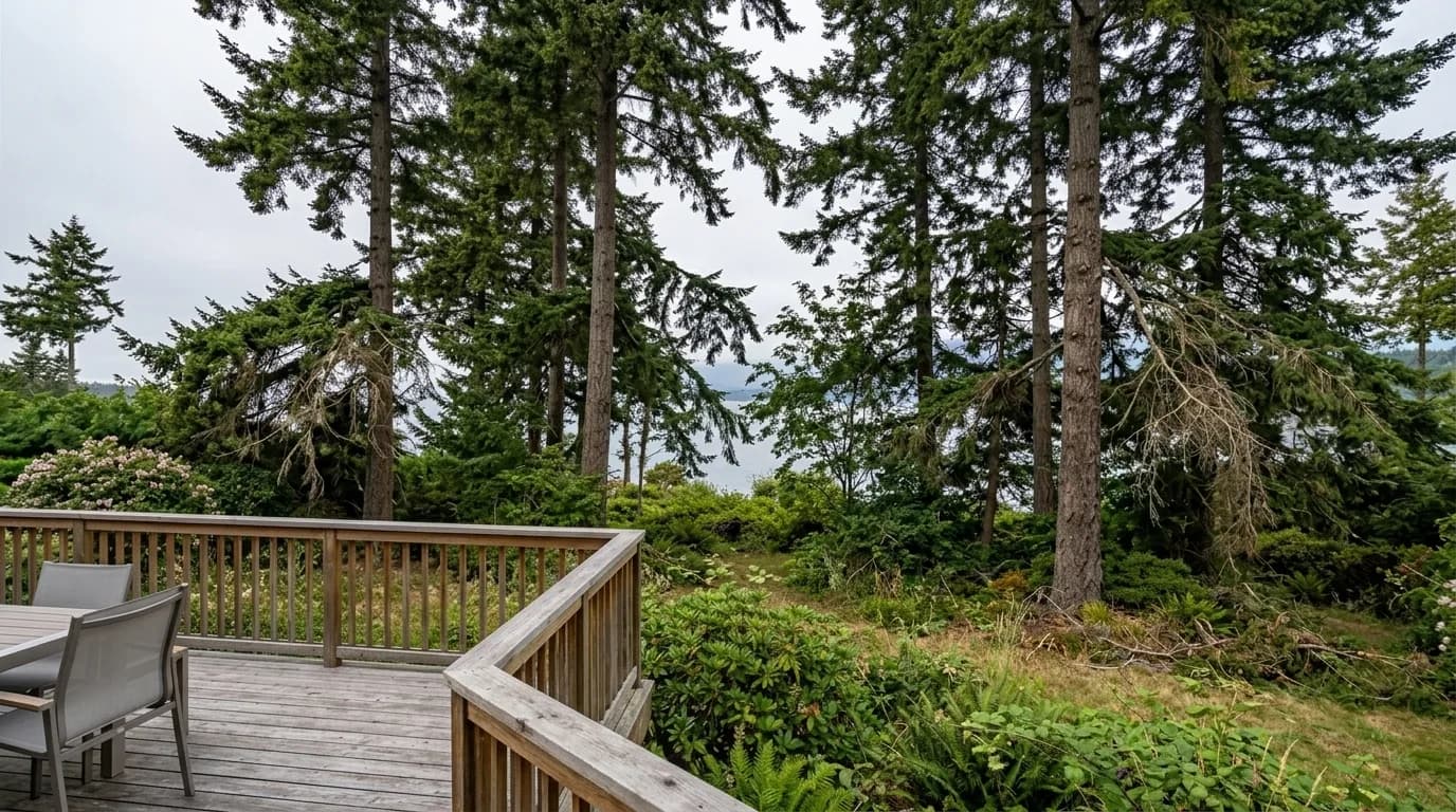 Bluff backyard with the view of the Strait of Juan de Fuca blocked by unpruned fir crowns