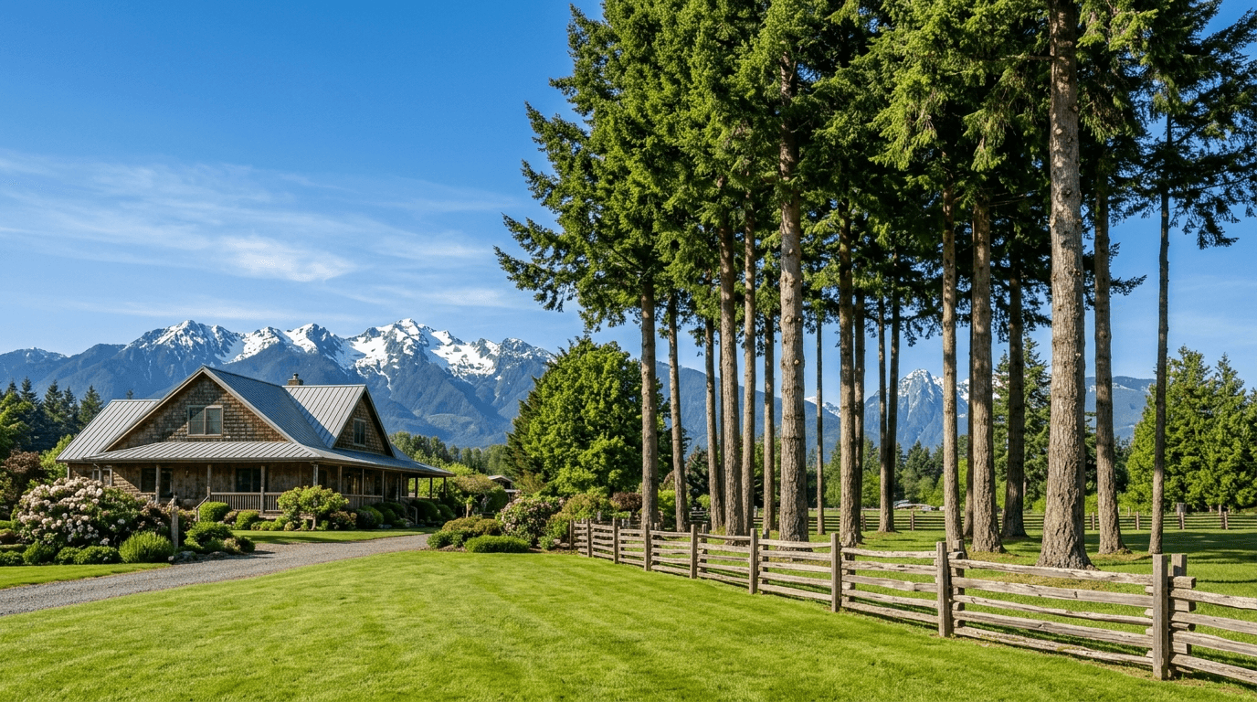 Limbed Douglas firs with clean trunks framing the Olympic Mountains