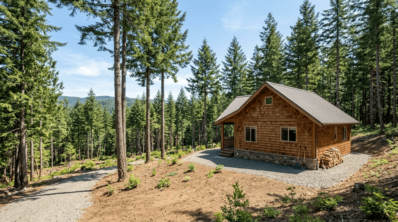 Home surrounded by limbed firs and cleared defensible space